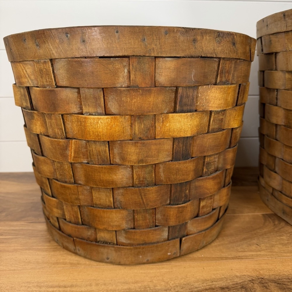 Antique S-XL Nesting Wood Splint Baskets *Flaws* Dark Woven Slats With Tacks - Picture 7 of 16